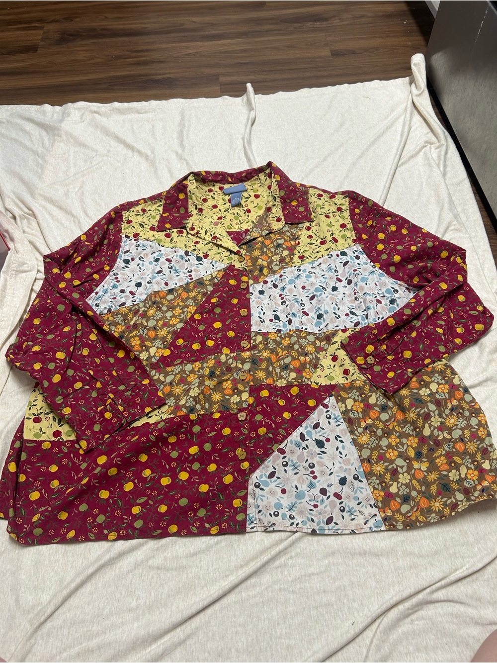 Vintage Liz&Me Patchwork Fall Harvest Blouse Button Down Apple Print Teacher